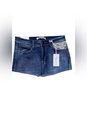 PRESTIGE DENIM Micro Mini Skirt w/Raw Cut Hem, Lace Embellishments BLUE Size 7